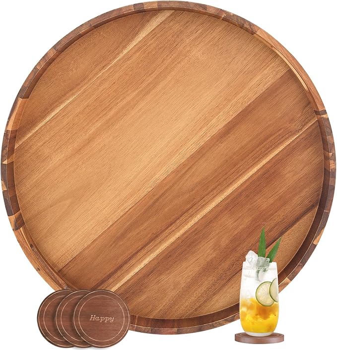 Large Ottoman Tray, 22" Big Ottoman Tray for Living Room, Large Serving Tray with Handles for Coffee Table Kitchen Counter,Great Round Wooden Trays with 4 Round Coasters for Appetizers, Dinner