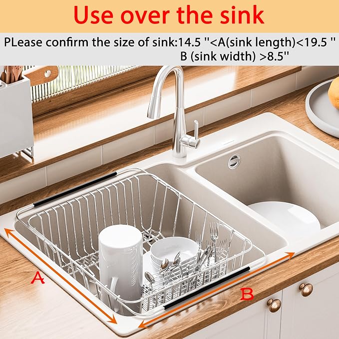 NiuYichee Stainless Steel Dish Drying Rack(14.2" L x 9.5" W x 4.1" H), Expandable Fruit & Vegetable Drain Rack Over Sink, Dish Drainer Rack in Sink, with Utensil Holder & 16" Silicone Mat