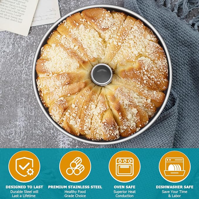 E-far 10-Inch Angel Food Cake Pan, Stainless Steel Tube Pan for Baking | Ideal for Pound Chiffon Cake, One-piece Design & Non-toxic, Dishwasher Safe