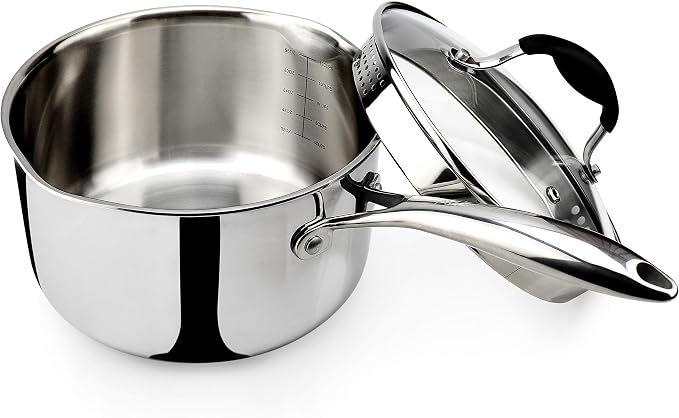 AVACRAFT 3.5 Quart Tri-Ply Stainless Steel Saucepan with Glass Strainer Lid | 18/10 Stainless Steel, Full Tri-Ply Body, Glass Strainer Lid, Pour Spouts, Induction Compatible, Oven Safe, Dishwasher Safe