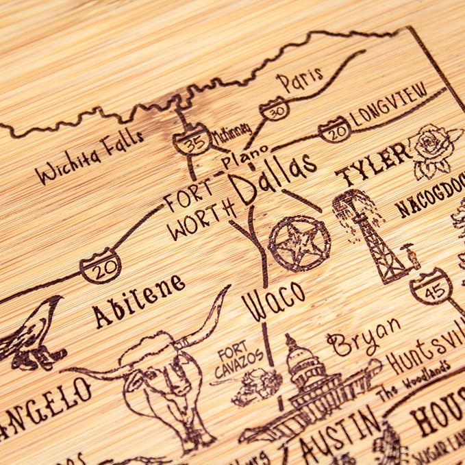 Totally Bamboo A Slice of Life Texas Engraved Map Cutting Board | 11” x 8.75” charcuterie board with engraved state map artwork. Smooth reverse side for food prep. Hang tie for wall display.