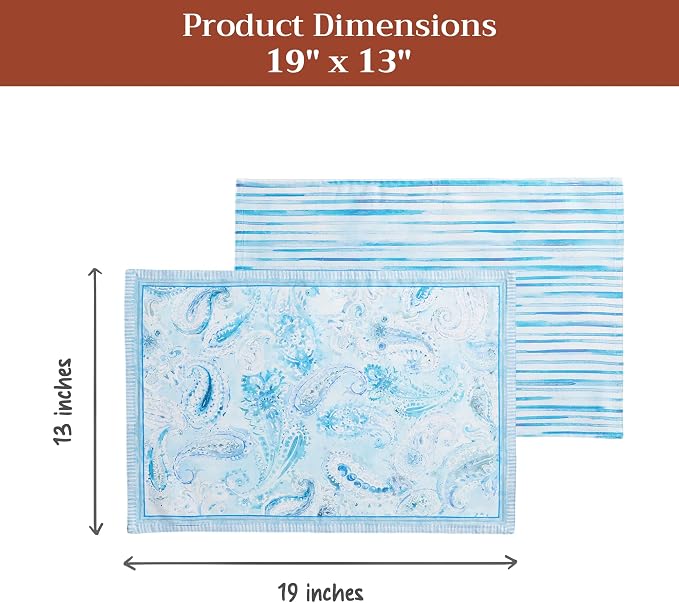 Maison d' Hermine Placemats Set of 4 Reusable 100% Combed Cotton (13"x19") | Cloth Place Mats Washable Table Mats for Kitchen Dining Party Wedding Hotel Home Restaurant Spring Summer - Paisley Blues
