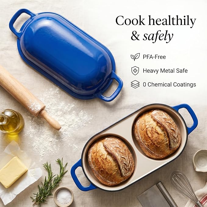 Mini Enameled Cast Iron Bread Loaf Pot with Lid, 6-Inch Double Dutch Oven | For Sourdough Baking, Dual Round Loaf Cavities for Homemade Bread, Cake or Meatloaf, Non Stick, 500°F Oven Safe Blue