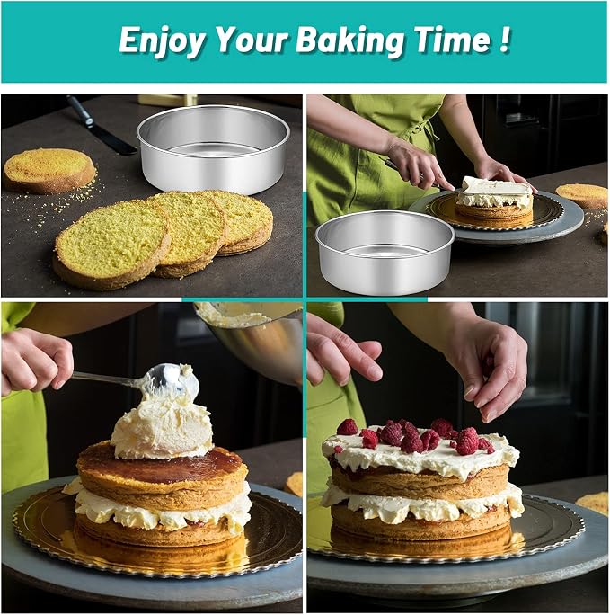 TeamFar 8 Inch Cake Pan, 8” x 3” Stainless Steel Round Baking Pan Set of 2 | Layer Cake Baking Tins for Wedding Birthday Party, Non-Toxic, Heavy Duty, Deep Straight Side, Mirror Finish, Dishwasher Safe