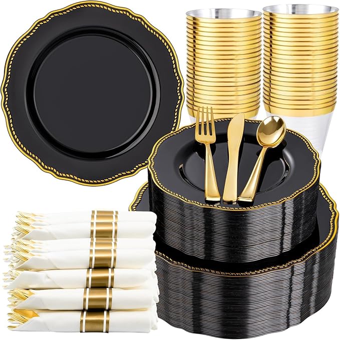 350 Pcs Black and Gold Plastic Plates for Wedding & Party | Gold Plastic Dinnerware Set Includes 50 Dinner Plates, 50 Dessert Dinnerware, 50 Cups, 50 Rolled Napkin Cutlery