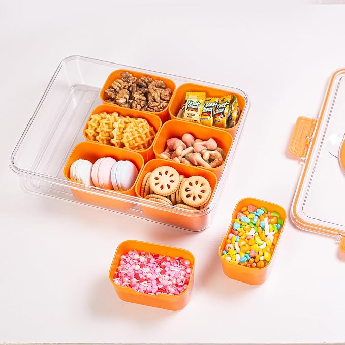 Dingerjar Divided Serving Tray with Lid and Handle - Snackle Box Charcuterie Container for Portable Snack Platters Organizer for Candy, Fruits, Nuts, Snacks - Perfect for Party, Entertaining, Orange