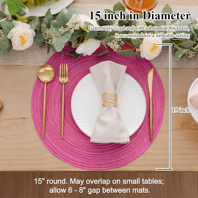 SHACOS Round Braided Placemats Set of 6 Cotton Polyester Woven Place Mats 15 inch Washable Table Mats for Kitchen Dining Tables (Hot Pink, 6)