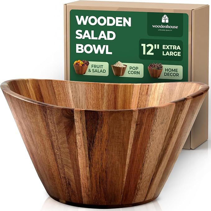 Extra Large Wooden Salad Bowl - Acacia 12" Multi-Purpose Wood Bowls | Multi-Purpose for Fruit, Decor & Storage – Durable Wavy Handmade Design for Kitchen Counter