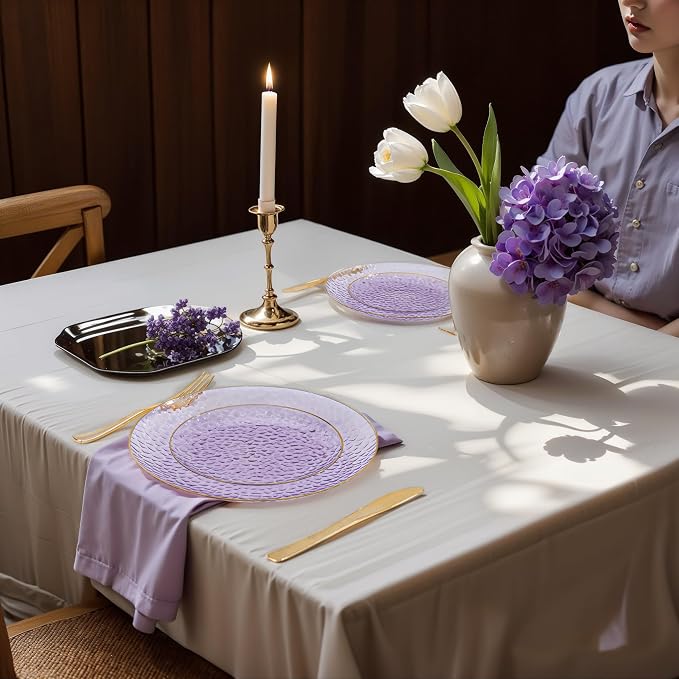 DaYammi 350 Pcs Clear Purple Gold Plastic Plates, Hammered Disposable Dinnerware, Clear Purple Plates Set Include 100 Plastic Platos, 150 Gold Disposable Silverware, 50 Cups And 50 Napkins for Party