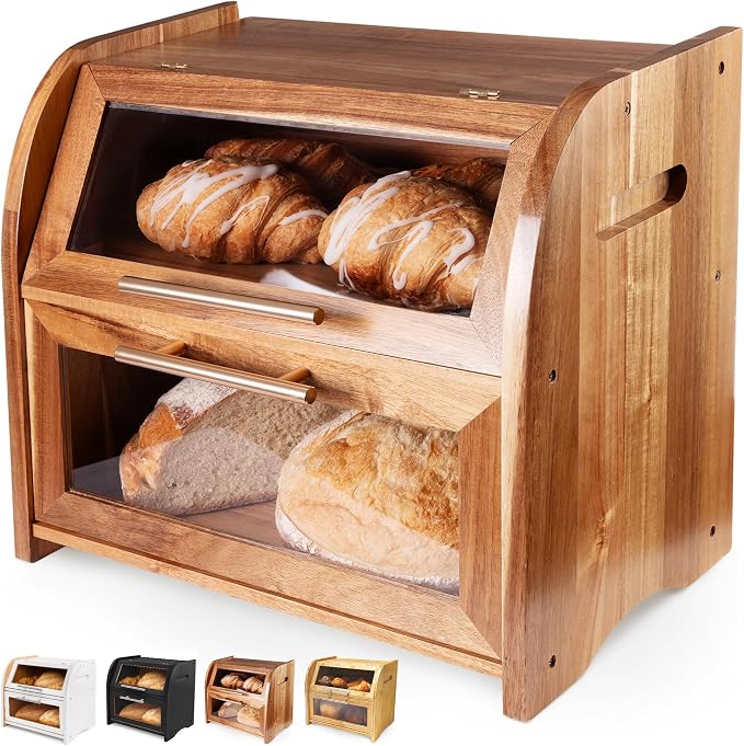 Arise Acacia Wooden Bread Box for Kitchen Countertop, Extra Large 2-Shelf | Bread Storage Container with Clear Windows & Air Vents, Bread Bin & Keeper, Keeps Bagels, Rolls & Buns Fresh, Self Assembly