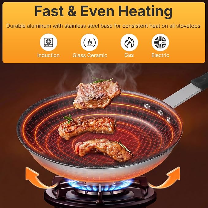 NEWBULIG Nonstick Frying Pan, 8 Inch Heavy-Gauge Aluminum Skillet with Ceramic Nonstick Coating & Stainless Steel Base for Induction, Electric, Gas, Oven Safe, Black Hanging Handle | Aluminum body even heating, steel handle silicone grip, oven safe 392...