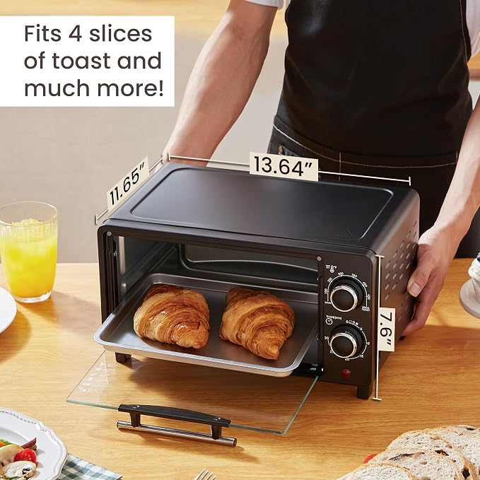 Elite Gourmet ETO490 9L/4-Slice Oven, 30-Min Timer, Adj. Temp, Black | Includes Baking Pan & Wire Rack - Bake, Broil & Toast functions for dorms and RVs - Countertop Design