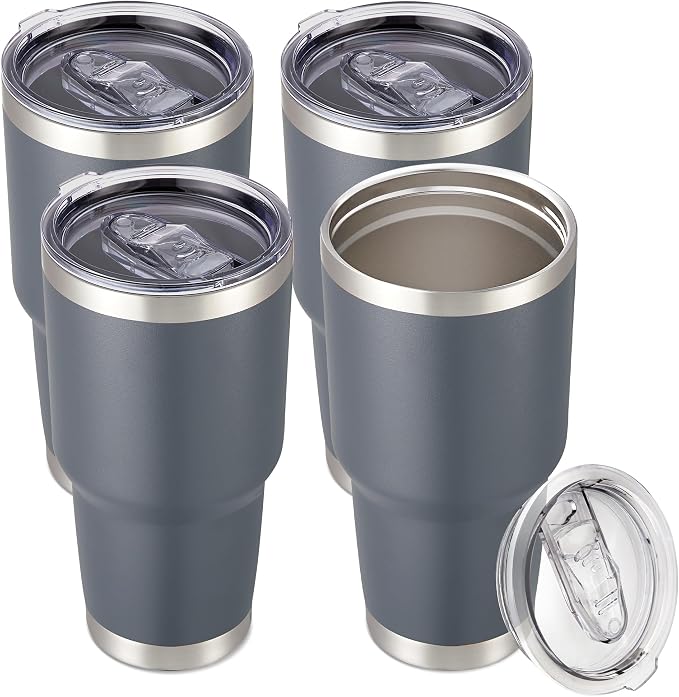 30 oz Tumbler with Lid Stainless Steel Tumblers Bulk, 4 Pack | Vacuum Insulated Cup, Leak Proof Lid, Powder Coated Travel Mug, Double Wall, Keep Cold Drinks for 12 Hours, Gray