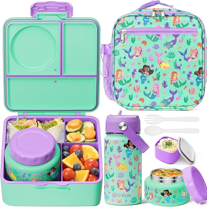 Fimibuke Bento Box for Kids Adult - Leakproof 3-4 Compartments Lunch Bento Box Set with Insulated Food Jar, Water Bottle, Lunch Bag, Sauce Cup & Cutlery for Toddler Teen Shcool Girl Boy Age 3+