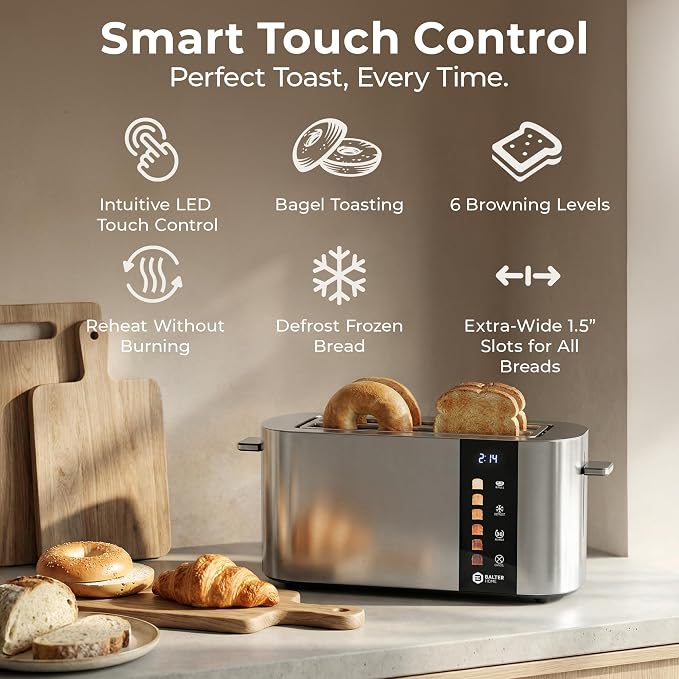 Balter Toaster 4 Slice Wide Slot, Bagel Function, Long Slot, Stainless Steel, Touch Screen, Built-in Rack, Extra-Wide 1.5" Slots for Thick Breads & Bagel, Timer, BPA-Free, 6 Levels, Removable Tray