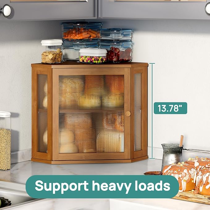 viewcare Corner Bread Box for Kitchen Counter, Bamboo Wood Large Capacity Bread Storage Bin with Acrylic Wavy Door Panel (Brown, Meduim)