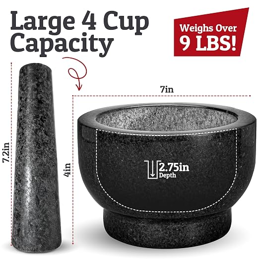 PriorityChef 4 Cup Large Mortar and Pestle Set, 100% Natural Granite, 7 Inch Diameter Bowl with 7.2 Inch Pestle, Make Fresh Guacamole at Home, Solid Stone Grinder Bowl, Herb and Spice Grinder, Black