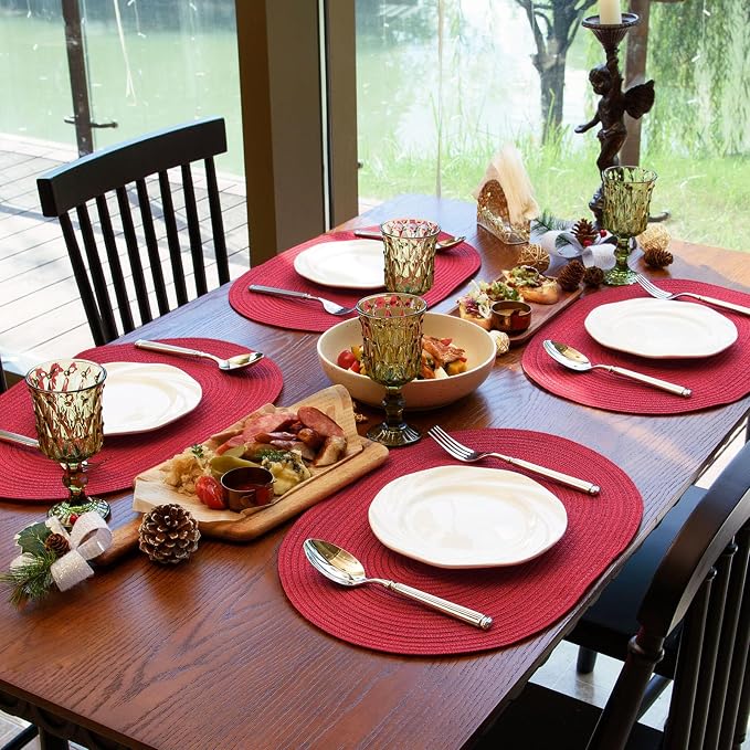 Placemats Set of 8, Woven Oval Braided Dining Table Mats(Red) | 12 x 17.5 Inch Size Fits Plates and Flatware; Hand Washable and Heat Resistant for Kitchen Use, with Farmhouse and Boho Style
