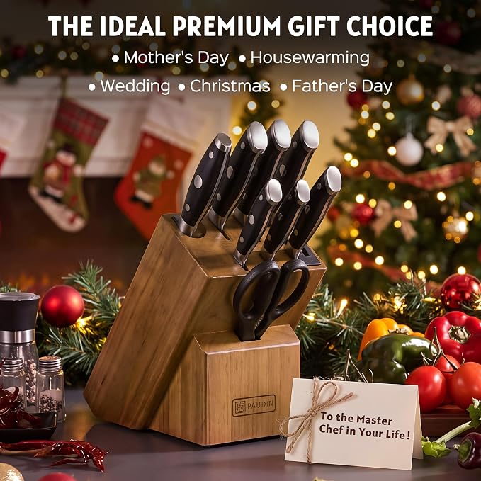 PAUDIN Knife Block Set with Built-in Sharpener, 10 PCS Dishwasher Safe German 1.4116 Steel Kitchen Knives Set, Razor Sharp Full Tang Chef Knife Set,Ergonomic G10 Handle,Gift for Women,Men,Housewarming