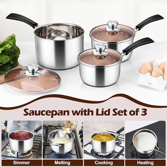 LIANYU 1QT & 2QT & 3QT Saucepan Set with Lids, 18/10 Stainless Steel Sauce Pan Cookware Sets, Kitchen Cooking Small Pots with Long Heatproof Handle, Easy Clean & Dishwasher Safe