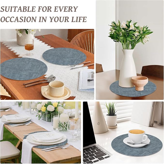 13" Round Placemats Set of 6, Reversible Faux Leather Wipeable Table Mats | 2mm Vinyl Heat Resistant, Waterproof Oilproof Scratch Proof Non-Slip, Washable for Kitchen Dining Indoor Outdoor (Light Blue)