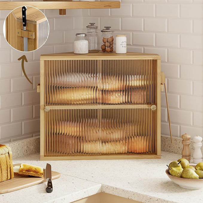 Corner Bread Box with Sliding Acrylic Doors, Double Layer Bread Bin | Bread Box for Kitchen Countertop, Bamboo Bread Storage Container, Large Capacity Vintage Farmhouse, Natural, Meduim