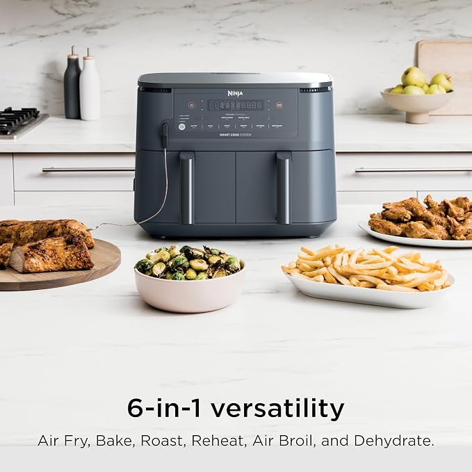 Ninja 6-in-1 10 QT Air Fryer, Foodi Smart Thermometer, Roast, Bake, Air Fry, Crisps, Broil, Reheats, Keep Warm, Fries, Frozen Food, Veggies, & Meat, Light Grey, DZ550GY (Renewed)