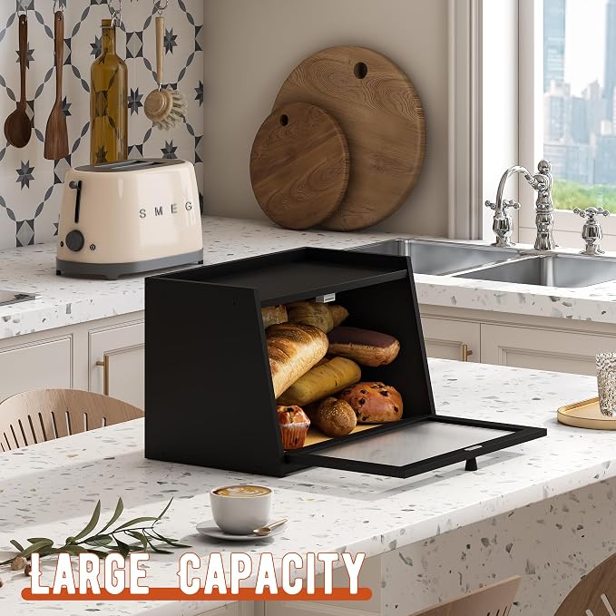 GHWIE Large Bread Box, Easy Access & Cleaning - Bamboo Bread Box for Kitchen Countertop with Acrylic Door (Black, Medium)