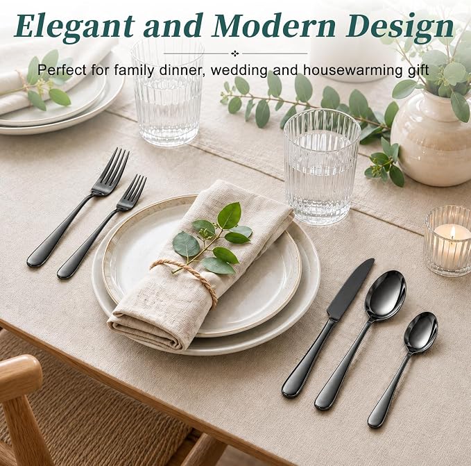 Black Silverware Set with Organizer, 45-Piece Stainless Steel Cutlery Set | Flatware Set for 8, Includes Forks, Knives, Spoons & Serving Utensils, for Dining, Entertaining & Housewarming