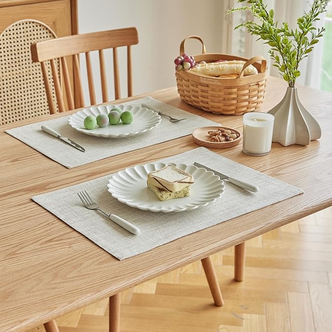 Softalker Faux Linen Placemats Set of 4-12 x 18 Inch, Heat Resistant Double Layered Durable Burlap Farmhouse Place Mats, Non-Slip Washable Rustic Table Mats for Dining, Kitchen, Party（Cream