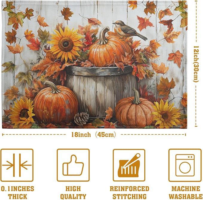 Fall Placemats 12x18 Inch Set of 4 Pumpkin Maple Leaves Sunflower Bird Linen Place Mat Burnt Orange Autumn Thanksgiving Harvest Table Mats for Party Kitchen Dining Decoration