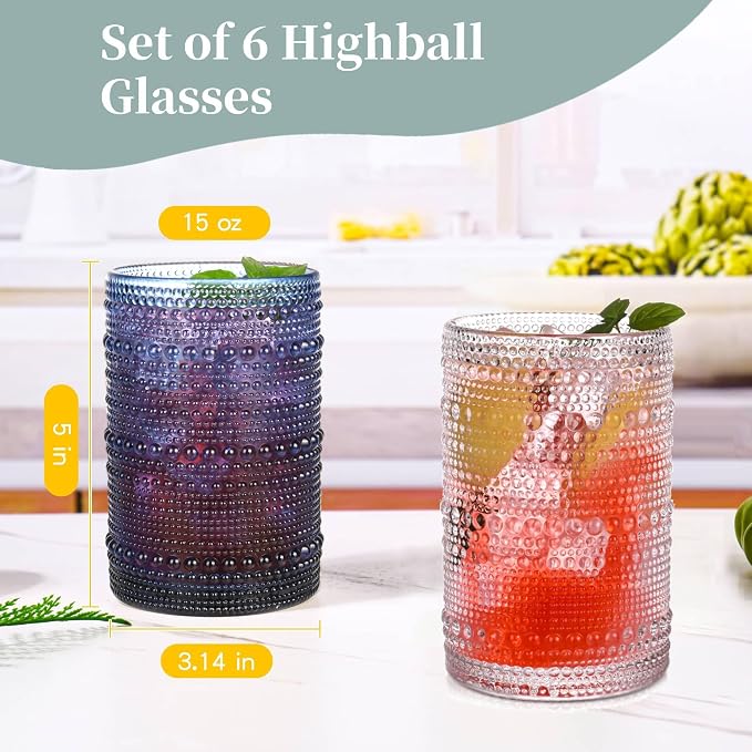 Blue Hobnail Drinking Glasses Set of 6,15 oz Vintage Highball Glasses,Drinkware Kitchen Glasses for Cocktail,Iced Coffee,Beer,Ice Tea,Wine,Whiskey,Water