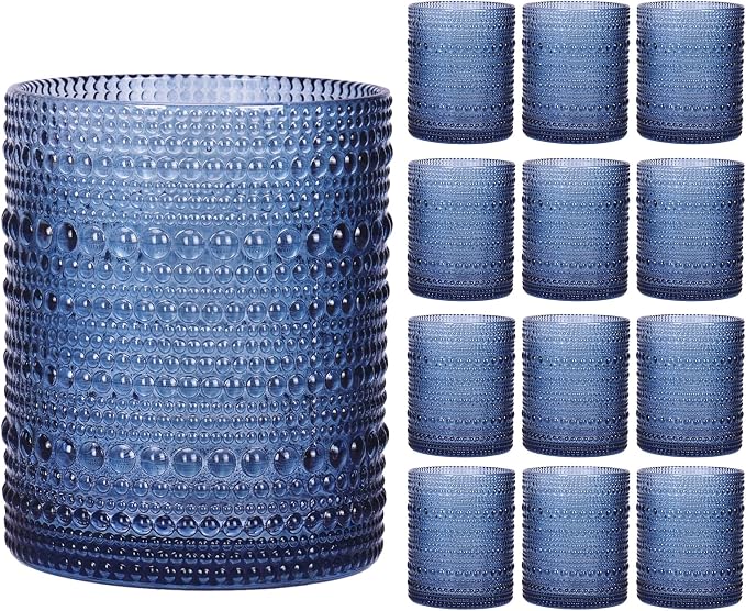 Moretoes 12 Pack 10 Oz Blue Vintage Hobnail Drinking Glasses Set of 12 | Cocktail Glasses Vintage Glassware, Textured Glass Cups Bubble Glasses Water Glasses Old Fashion Jupiter Glasses Set