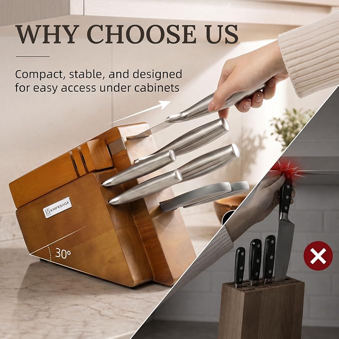KnifeSaga Kitchen Knife Set with Block and Detachable Sharpener | 8-Piece High Carbon Stainless Steel Knife Block Set, Fully Forged Blades & Compact Design