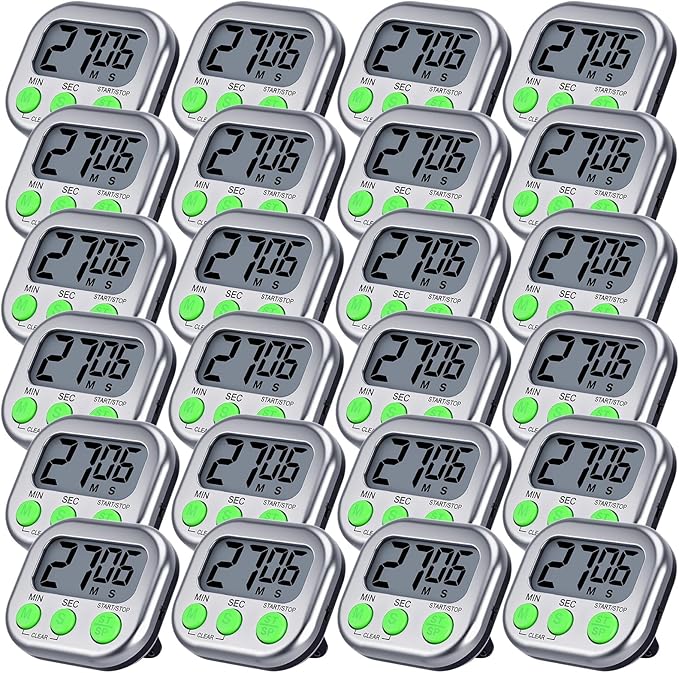 Leumoi 24 Pack Multi-Function Digital Timers with Magnetic Back, Large LCD Display, Loud Alarm, Count up & Countdown, Memory Function for Cooking, Classroom, Study, Exercise & Work(Sliver and Green)