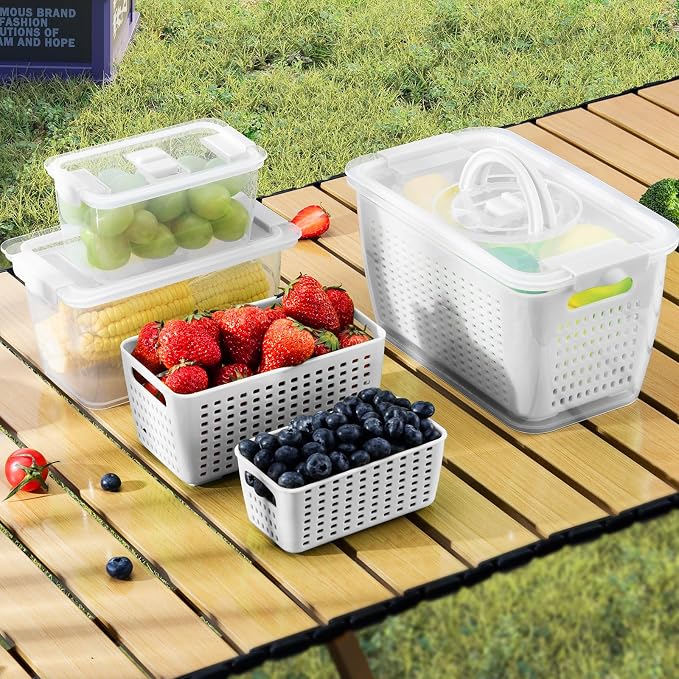 LUXEAR Produce containers for fridge,3 Set Fruit Containers with Removable Colander, BPA-Free Produce Saver Containers with Lids Dishwasher&Microwave Safe Keep Fruits, Vegetables, Berry, Fresh Longer