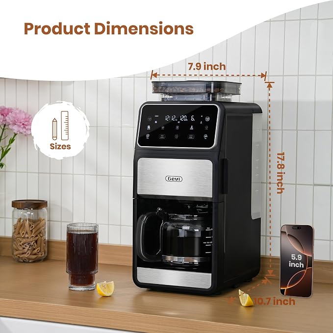 Gevi 10-Cup Drip Coffee Maker With Built-In Burr Grinder & Touch Screen | Programmable Brewing, 4-Hour Warming Plate, Permanent Filter, Included Glass Carafe for Fresh Grind-And-Brew Coffee at Home