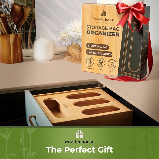 Bamboo Storage Bag Organizer for Drawer – Plastic Bag Organizer for Kitchen | Single Block Design, Quick Refill Slider – Fits Half Gallon, Quart & Snack Size Bags