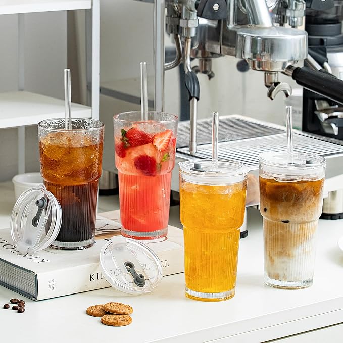 SoulTimes 20oz Wave Ribbed & Wavy Glass Tumbler with Lid and Straw – Iced Coffee Glasses Cups for Smoothie, Matcha, Juice, Water etc. Leakproof and Reusable Glassware Drinking for Travel To Go [4 Pcs]