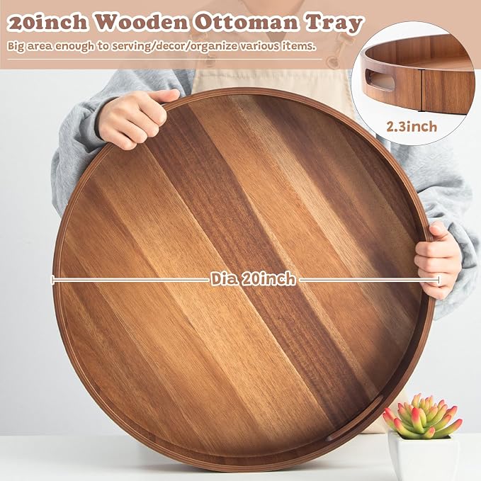 20 Inch Ottoman Coffee Table Tray with Handles, Large Round Wooden Serving Tray, Big Decorative Kitchen Organizer Giant Sofa Storage Trays Huge Counter Serveware