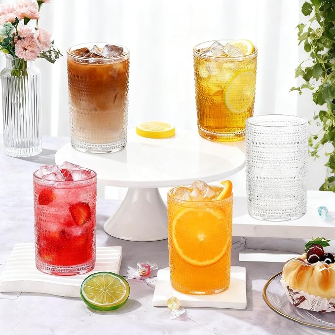 Vintage Hobnail Drinking Glasses Set of 4, 16 Oz Glass Cups with Embossed Retro Design, Clear Glass Tumblers Water Glasses for Kitchen, Cocktail, Beer, Juice, Whiskey, Milk and Everyday Drinks