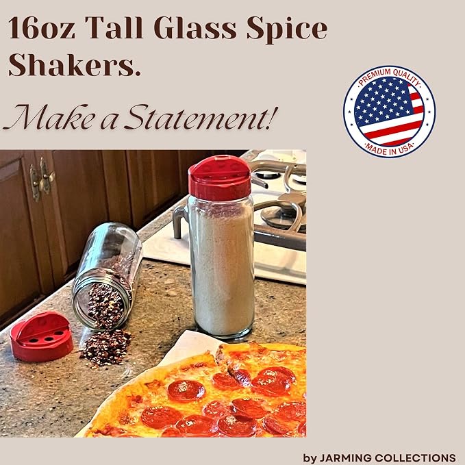 Premium Glass Spice Shakers - 16 oz Versatile Seasoning and Spice Dispenser with Sifting Lids for Popcorn, Cheese, Cinnamon, and Salt, Made in USA
