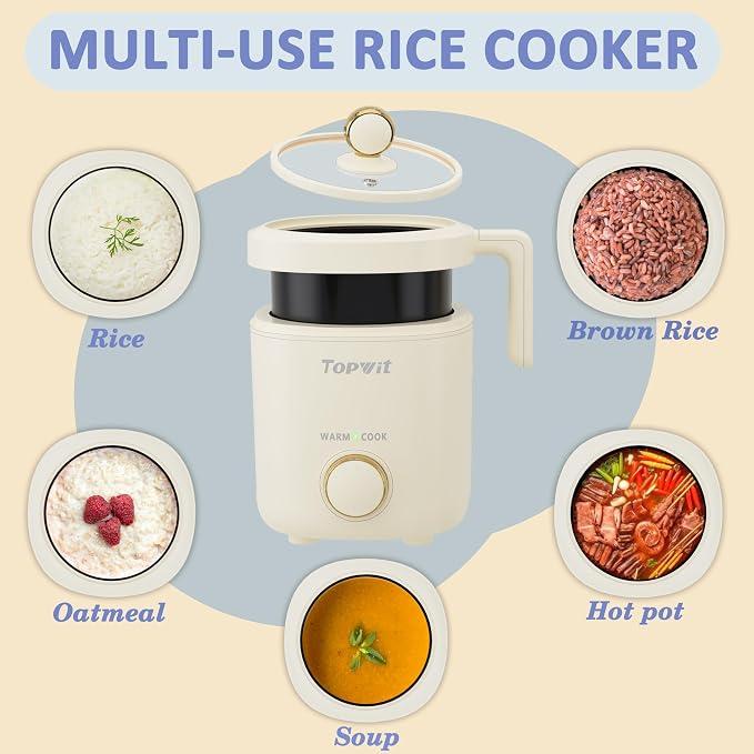TOPWIT Small Rice Cooker 2-Cup Uncooked, 1.2L Nonstick Mini Rice Cooker | Removable Pot, BPA-free, One-touch Operation, Auto Keep Warm, Ideal for Dorm, Office & Travel, Compact & Portable, Beige