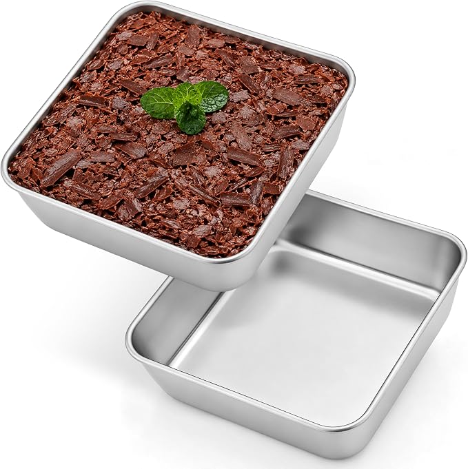 Leonyo Non-Toxic Stainless Steel 6x6 Square Cake Baking Pan, 2 Pack | Commercial-Grade Metal 6x6IN Square Baking Dish For Brownie, Cornbread, Banana Bread, Lemon Bars, Dishwasher Safe
