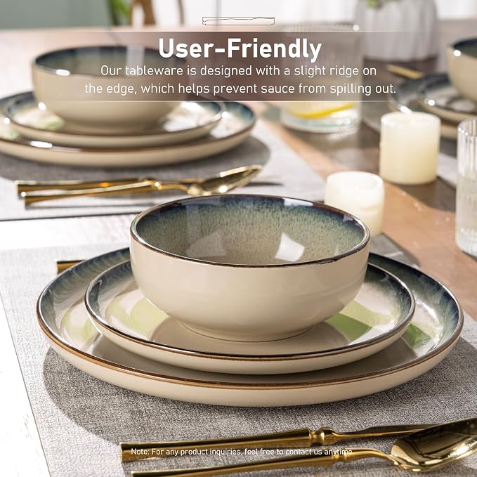 GBHOME Dinnerware Sets for 6, 18 Pieces Ceramic Plates and Bowls Set | Scratch Resistant Stoneware Dishes Set, Dishwasher & Microwave Safe, Reactive Glaze-Pale Khaki