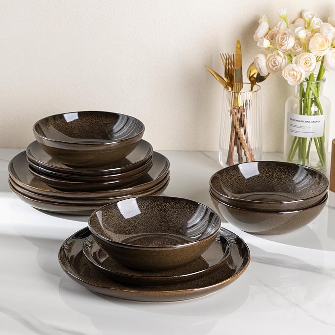 AmorArc Ceramic Dinnerware Sets for 4, 12Pcs Plates and Bowls Sets Dishes | Stoneware Handmade Reactive Glaze Dinner Set, Highly Scratch Resistant | Dishwasher & Microwave Safe Dishware