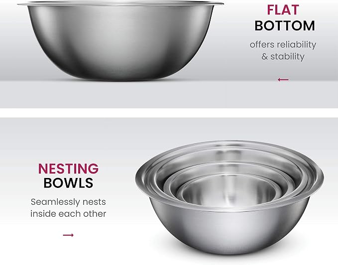 FineDine Stainless Steel Mixing Bowls Set, 6-Piece Metal Bowls | Stainless steel bowls, nesting design saves space, dishwasher safe, prep bowls, baking bowls, cooking bowls