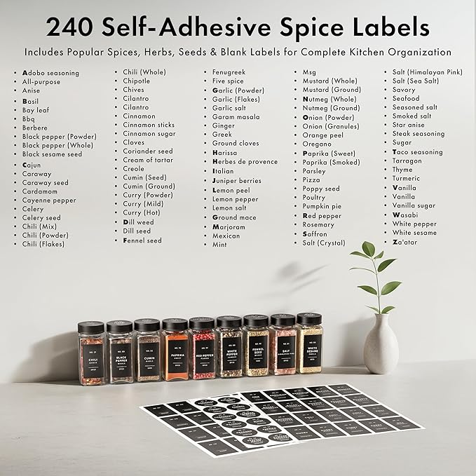 Glass Spice Jars with Label, Seasoning Set, 36x Black Steel Lids | Airtight Lids keep spices fresh, Kitchen Spice Drawer Organizer, 4oz Seasoning Containers incl. Funnel, Brush & 240 Labels