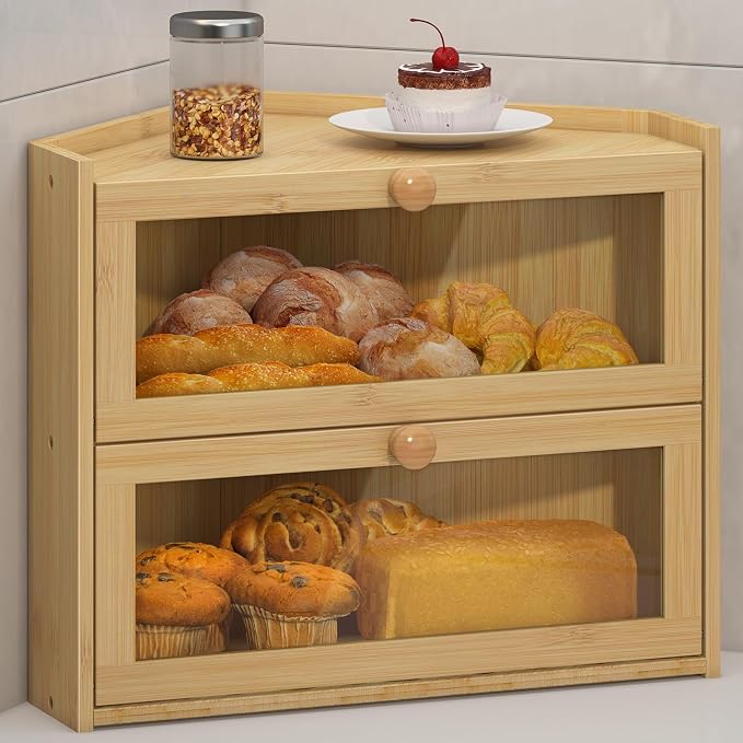 JANSNIMEN Corner Bread Box for Kitchen Countertop Bamboo Bread Holder | Large Capacity Bread Container Storage Wooden Farmhouse Breadbox (Bamboo,16.6"L x 12.28"W x 14.17"H)