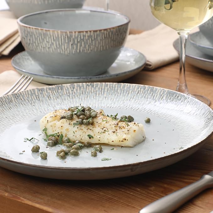 Gibson Elite Jasper 16 Piece Plates and Bowls Reactive Glaze Dishes Stoneware Ceramic Dinnerware Set - Service for 4 - Grey